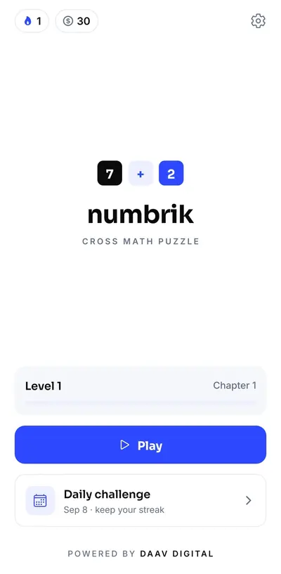 Numbrik math puzzle game: home screen