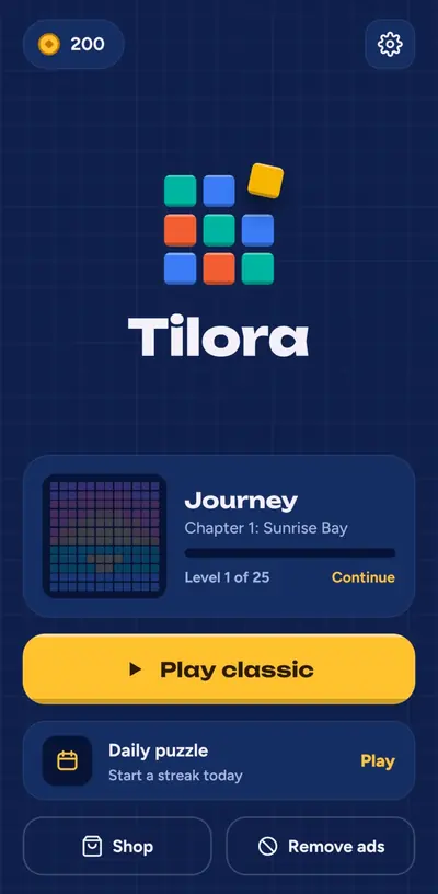 Tilora block puzzle game: home screen