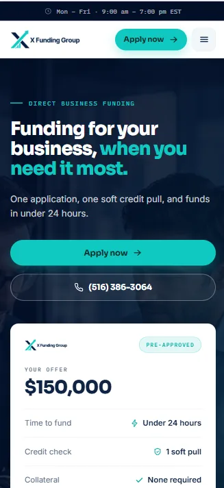 xfundinggroup.com homepage on a phone