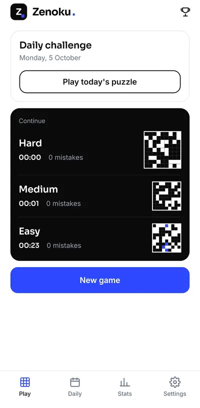 Zenoku sudoku game: home screen
